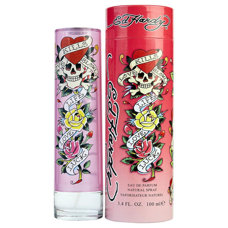 Load image into Gallery viewer, Rio Perfumes&#39; newest addition is a vibrant pink perfume bottle adorned with an Ed Hardy skull and roses design.
