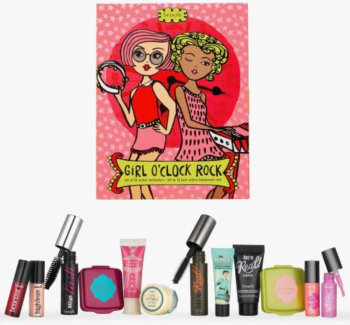 A Benefit Girl O'Clock Rock Set of 12 Make-Up Products with a picture of a girl in a pink dress.