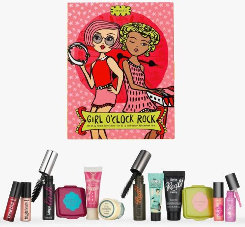 A Benefit Girl O'Clock Rock Set of 12 Make-Up Products with a picture of a girl in a pink dress.