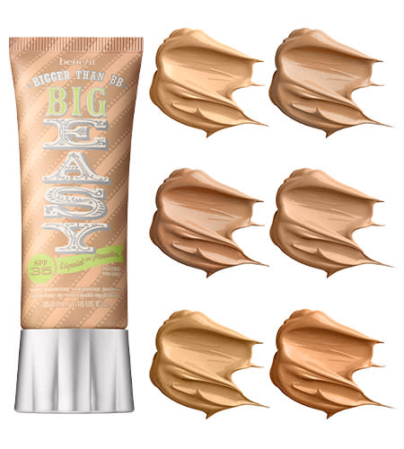 Benefit's Big Easy BB Cream-Foundation in a tube with six different shades, providing lightweight coverage and SPF 35.