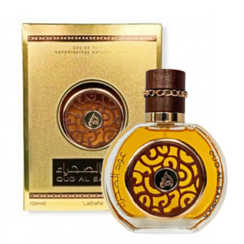 A bottle of Lattafa Oud Al Sahraa 100ml Eau De Parfum with a gold box next to it, featuring the captivating Amber fragrance from Lattafa.