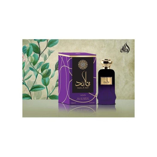 A bottle of Lattafa Qala'ad 100ml Eau de Parfum with a purple box, suitable for men and women.