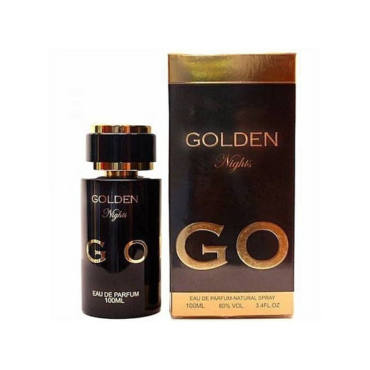 A Fragrance World Golden Nights Go 100ml Eau De Parfum bottle near a box captures an exquisite fragrance world of Golden Nights.