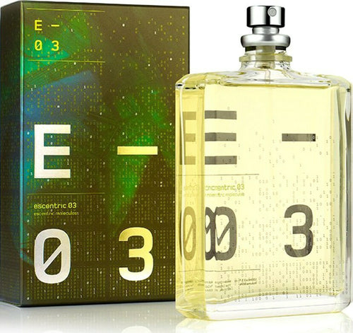 A bottle of Escentric Molecules Escentric 03 100ml cologne next to a Rio Perfumes box.