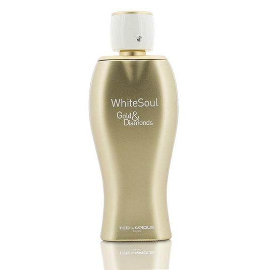 A bottle of Ted Lapidus White Soul Gold & Diamonds 100ml Eau De Parfum with a subtle fragrance, showcased on a white background.