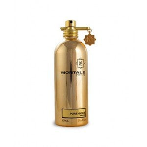 A golden cylindrical bottle labeled "Montale Paris Pure Gold 100ml" with a star-shaped charm attached near the cap. The unisex fragrance bottle has a reflective surface and a capacity of 100ml.