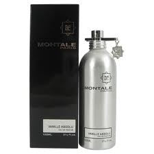 A silver Montale Paris Vanille Absolu 100ml EDP bottle stands beside its black box, highlighting the signature oriental vanilla fragrance from Montale Paris.