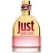A 90ml bottle of Just Cavalli EDT by Roberto Cavali, featuring a gold and pink design with bold "Just Just Cavalli" text on the front and a pink snake pattern around the neck.