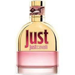 A 90ml bottle of Just Cavalli EDT by Roberto Cavali, featuring a gold and pink design with bold "Just Just Cavalli" text on the front and a pink snake pattern around the neck.