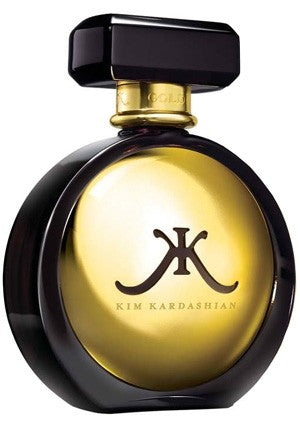 A bottle of Kim Kardashian Gold 100ml EDP by Kim Kardashian on a white background from Rio Perfumes.