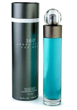 A bottle of Perry Ellis 360° 100ml EDT with a blue bottle next to it.