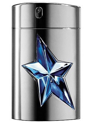 The Mugler Amen 100ml EDT features a metallic silver bottle with a blue star design and spray nozzle, offering a bold fragrance blend of Atlas cedar and patchouli.
