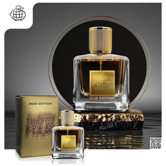 A bottle of Fragrance World Twenty Four Gold Oud Edition 100ml Eau De Parfum with a box next to it.