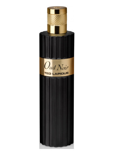 A bottle of Ted Lapidus Oud Noir perfume on a white background from Rio Perfumes.