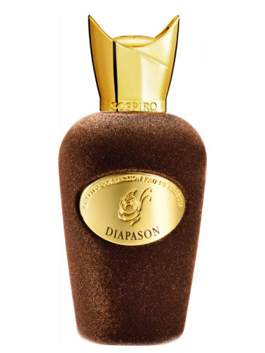A bottle of Sospiro Diapason 100ml Eau De Parfum with a gold lid.