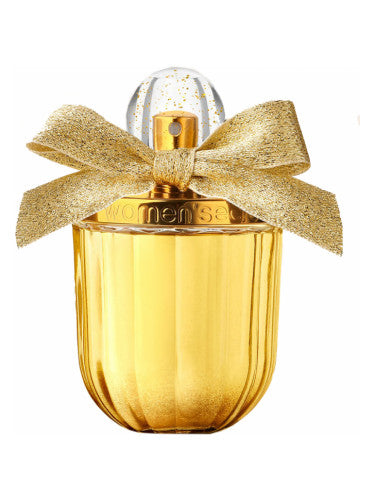A seductive Womens Secret Gold Seduction 100ml Eau De Parfum Set bottle adorned with a bow, perfect for women seeking a tantalizing fragrance.