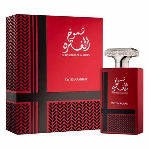 A bottle of Swiss Arabian Shumoukh Al Ghutra 80ml Eau De Parfum, in a red box.