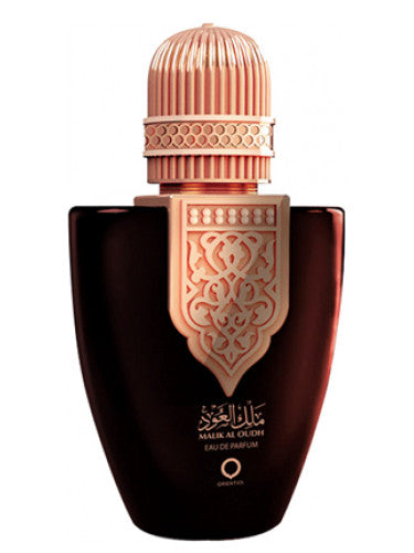 A bottle of Orientica Malik Al Oudh 100ml Eau De Parfum with an ornate lid.