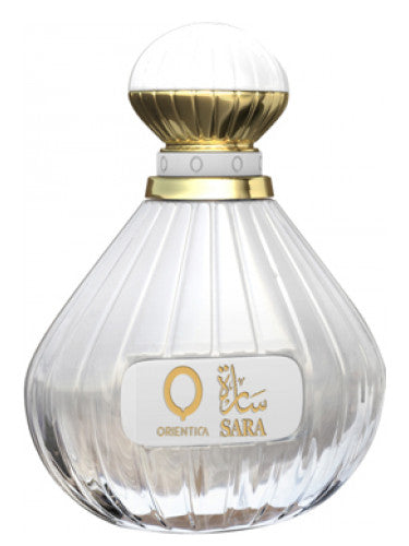 A bottle of Orientica Sara 100ml Eau De Parfum by Dubai Perfumes on a white background, perfect for women seeking a fragrant Eau De Parfum experience.
