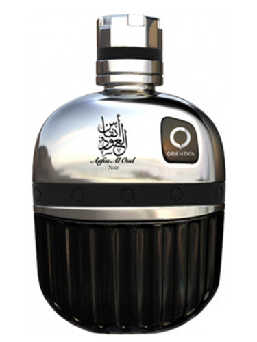 A fragrant bottle with a black and silver design, featuring the product Orientica Anfas Al Oud Noir 100ml Eau De Parfum by the brand Dubai Perfumes.