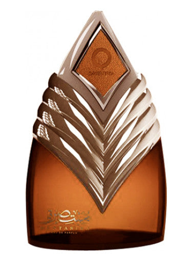 A Orientica Muntasira 100ml Eau De Parfum bottle with a silver design on it that resembles cedar wood.