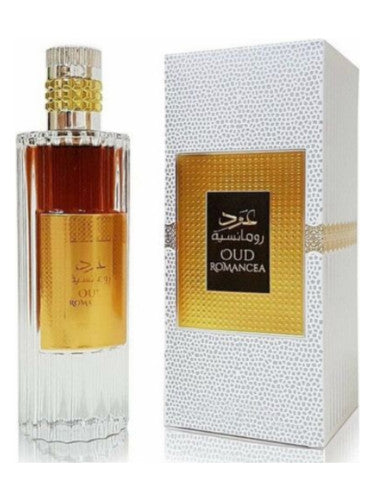 A fragrance bottle of Ard Al Zaafaran Oud Romancea 100ml Eau de Parfum by Ard Al Zaafaran, presented with a box beside it.