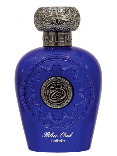A Lattafa Blue Oud 100ml Eau De Parfum for men & women with an Eau De Parfum fragrance on a white background.