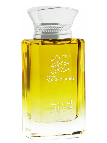 Nick Marr's bottle of perfume, Al Haramain Musk Maliki 100ml Eau De Parfum by Al Haramain, is displayed on a white background.