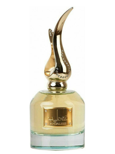 A Lattafa perfume bottle with a gold lid.