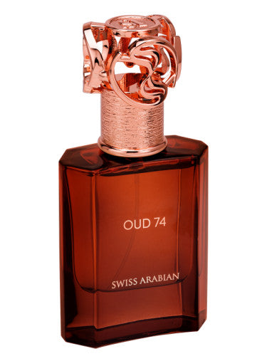 A brown Swiss Arabian Oud 74 EDP glass bottle with a rose gold cap, showcasing notes of rich amber and Indian oud.