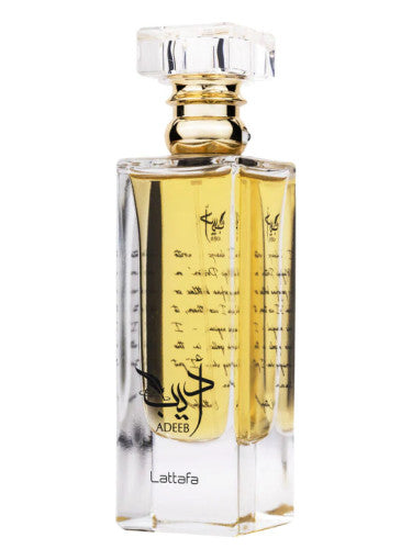 A bottle of Lattafa Adeeb 100ml Eau De Parfum by Lataffa on a white background.