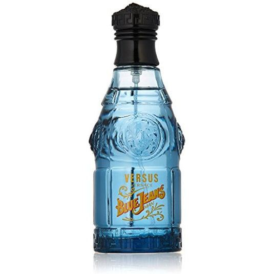 A bottle of Versace Blue Jeans 75ml Eau De Toilette from Rio Perfumes on a white background.