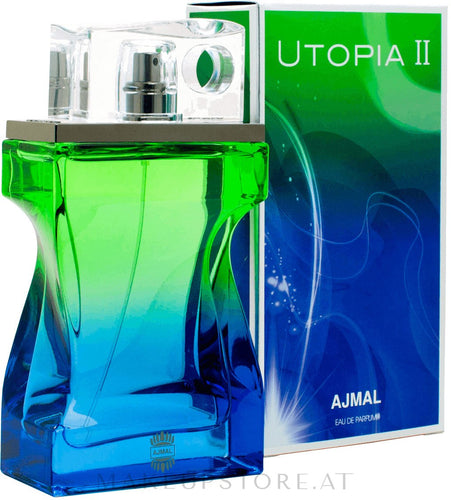 A 90ml bottle of Ajmal Utopia II Eau De Parfum for men, available at Rio Perfumes.