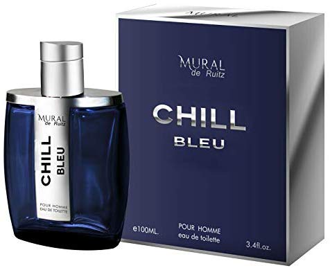 A box with a bottle of Mural De Ruitz Chill Bleu 100ml Eau de Parfum by Dubai Perfumes.