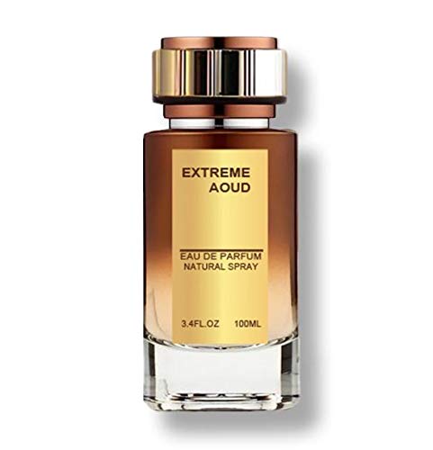 A 100ml bottle of Fragrance World Extreme Aoud Eau De Parfum for men and women on a white background.