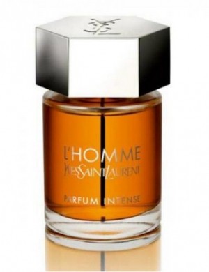 A 60ml bottle of YSL L'HOMME Parfum Intense men's fragrance with amber liquid and a metallic hexagonal cap from YSL.