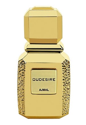 A gold bottle of Ajmal Oudesire 100ml Eau De Parfum perfume by Rio Perfumes.