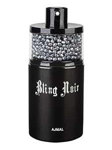 A black bottle of Ajmal Bling Noir 75ml Eau De Parfum adorned with Rio Perfumes.