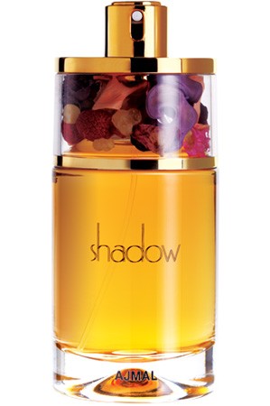 A bottle of Ajmal Shadow for Her 75ml Eau De Parfum perfume on a white background, available at Rio Perfumes.