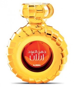A bottle of Rio Perfumes Ajmal Dahn Al Oudh Arzan 30ml Eau De Parfum with arabic words on it.