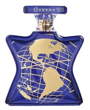 A bottle of Bond No.9 Queens 50ml EDP with a gold globe, available at Rio Perfumes.