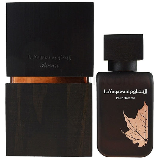 A 75ml bottle of Rasasi LaYuqawam Pour Homme EDP showcased beside a black box, available at Rio Perfumes.