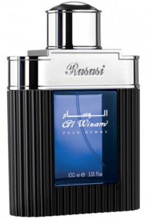 A 100ml men's perfume bottle in blue and black from Rasasi, available at Rio Perfumes.
