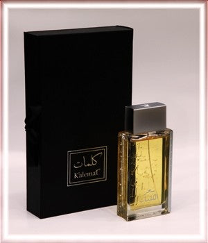 An exquisite bottle of Arabian Oud Kalemat Black 100ml perfume with a box next to it, featuring a captivating Oriental fragrance.