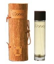A bottle of Arabian Oud Woody 100ml cologne next to a wooden box.