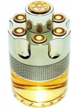 A 100ml bottle of Azzaro Wanted Eau De Toilette, adorned with gold and silver accents, available at Rio Perfumes.