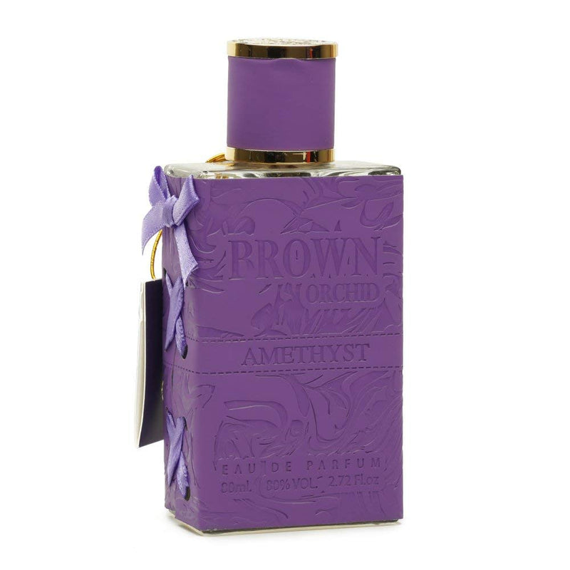 Load image into Gallery viewer, A Fragrance World Brown Orchid Amethyst 80ml Eau De Parfum bottle with a bow on it.
