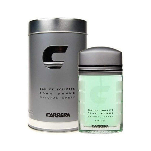 A bottle of Carrera Pour Homme 100ml Eau De Toilette next to a tin, available at Rio Perfumes.