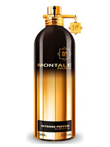 A Montale Paris Intense Pepper 100ml Eau De Parfum bottle, cylindrical and tall, with gradient color from clear to black, adorned with a gold accent and spray nozzle.