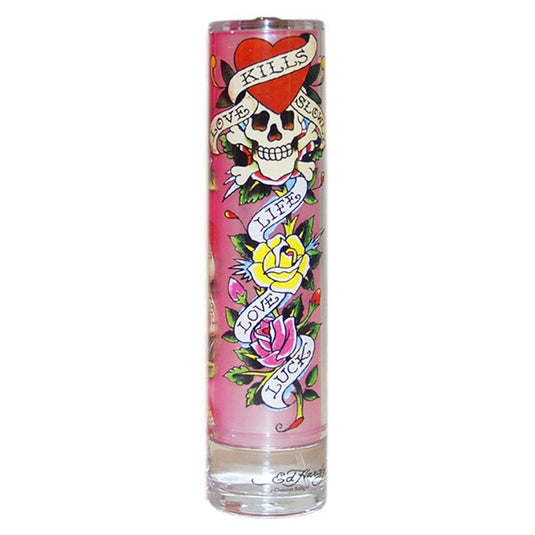 A 100ml Ed Hardy Woman Eau De Parfum adorned with a skull and roses, available at Rio Perfumes.